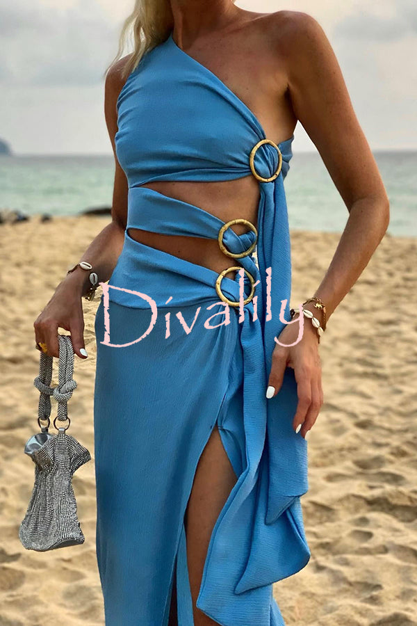 As Beautiful As The Sky Side Waist Ring Hollow Design Slit Vacation Maxi Dress