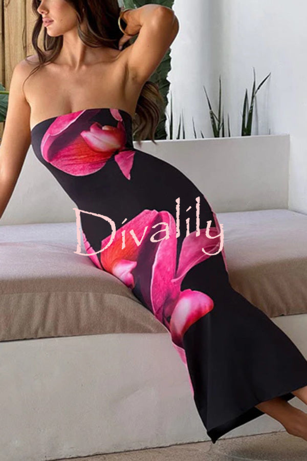 Emmaline Abstract Floral Print Bandeau Stretch Maxi Dress