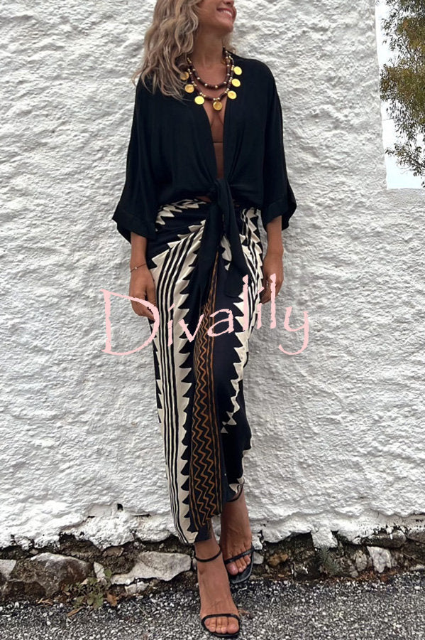 Astra Ethnic Print High Waist Ruched Wrap Maxi Skirt