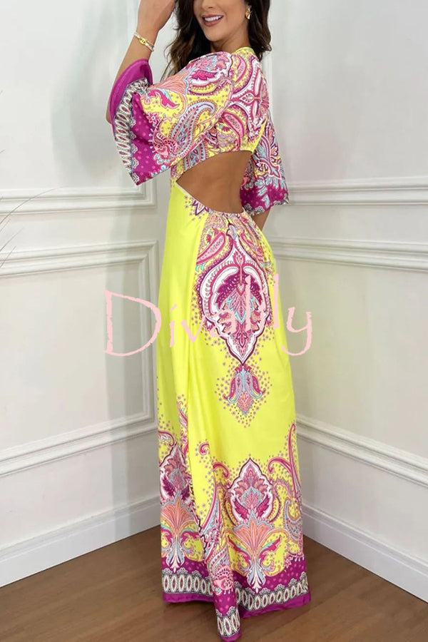 Stand Out and Shine Palace Style Print Bell Sleeve Backless Vacation Maxi Dress