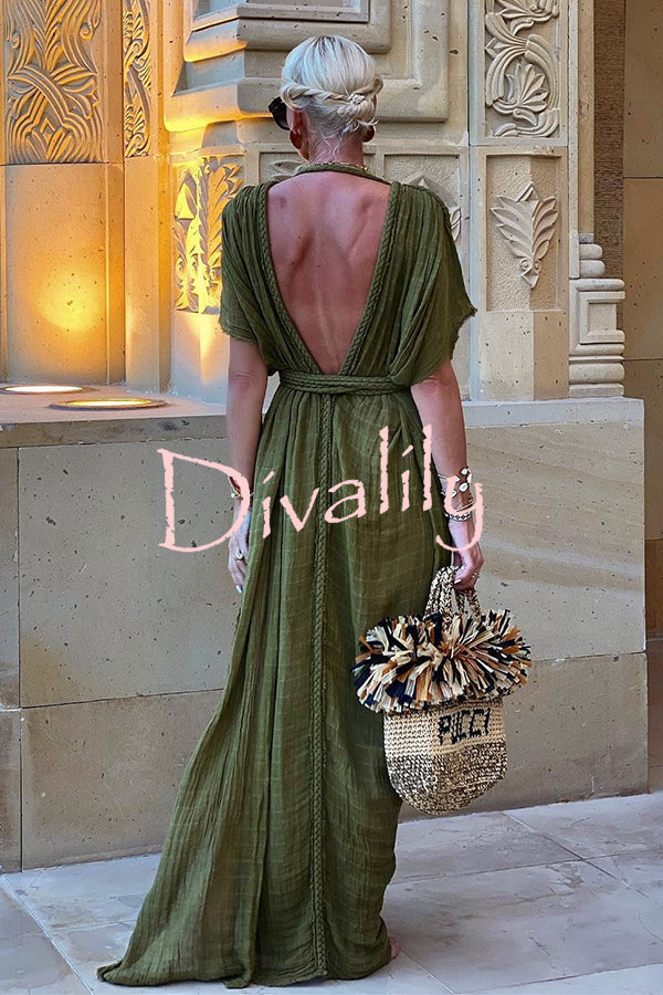 Greek Style Linen Blend Draped Braids Kimono Cover Up Slit Maxi Dress