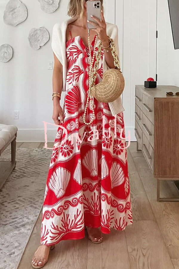 Beautiful Shell Unique Print Front Lace-up Loose  Maxi Dress