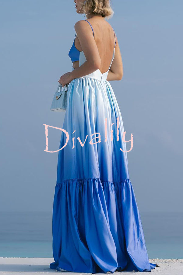Ocean Breeze Gradient Color Print Cutout Waist Tiered Maxi Dress