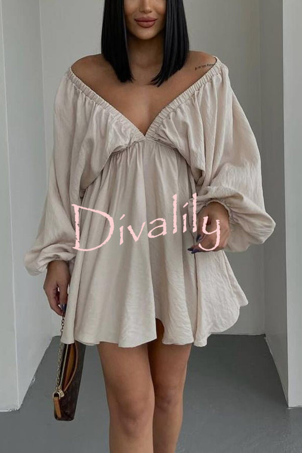V Neck Puff Sleeve Solid Color Resort Style Mini Dress