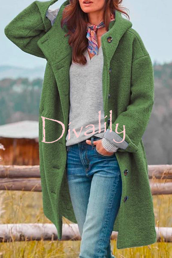 Casual Solid Color Hooded Single Breasted Wool Coat