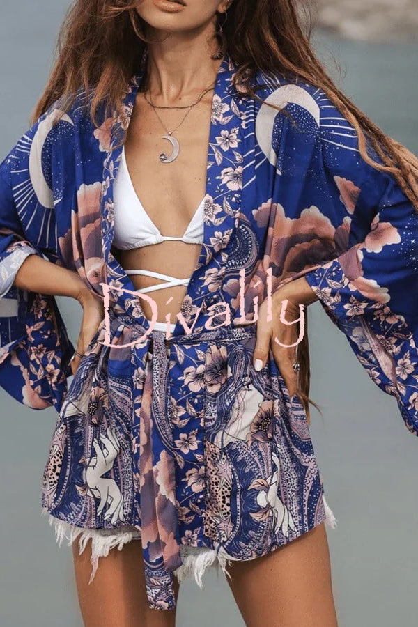 Moon Wishes Unique Print Belted Loose Kimono