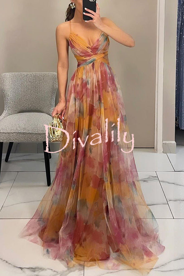 Giselle Tulle Render Floral Print Cutout Waist Back Lace-up Maxi Dress