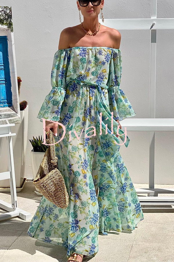 Joyful Journeys Off Shoulder Floral Print Elastic Waist Ruffle Maxi Dress
