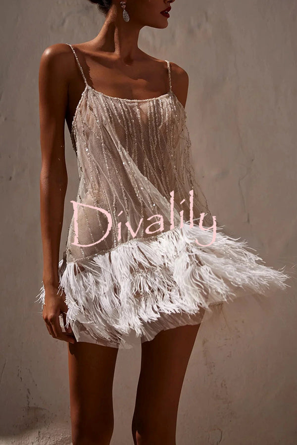 Fairy Lights Sequin Layered Feather Fringed Mesh Mini Dress