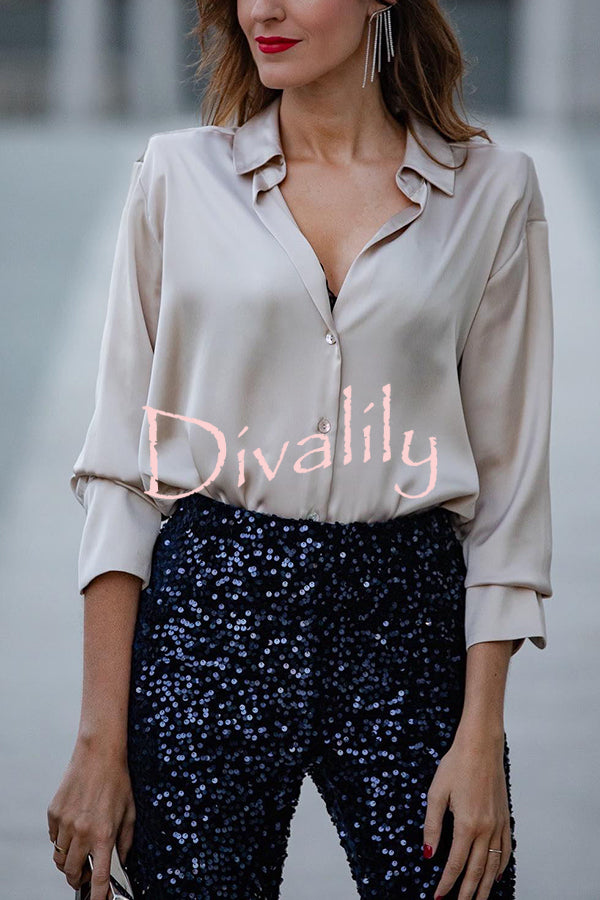 Living The Dream Satin Long Sleeve Button Relaxed Blouse