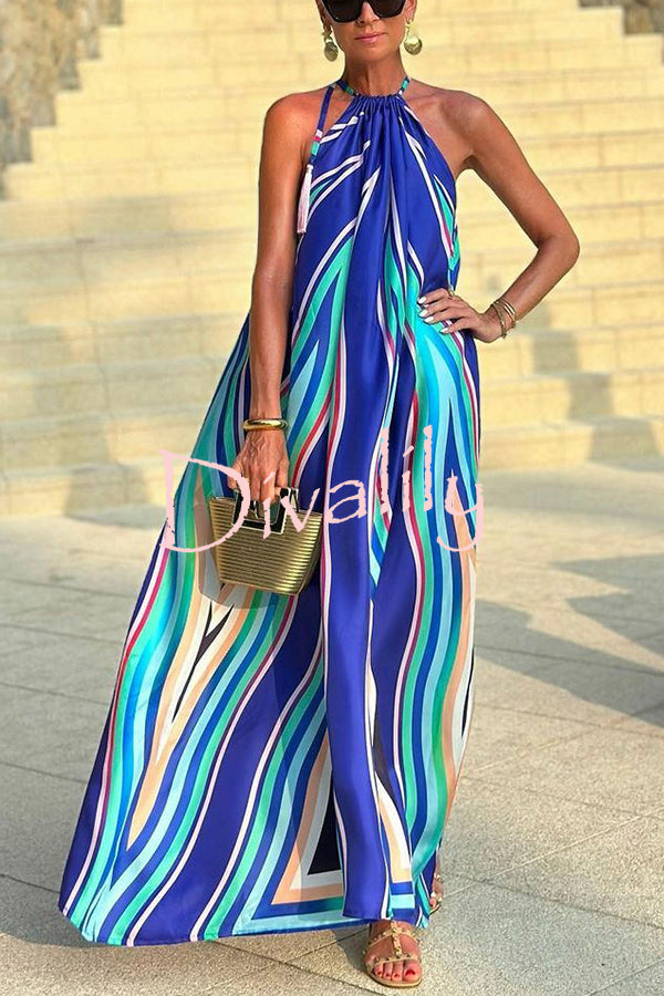 Phuket Dinner Colorful Wave Print Tassel Halter Maxi Dress