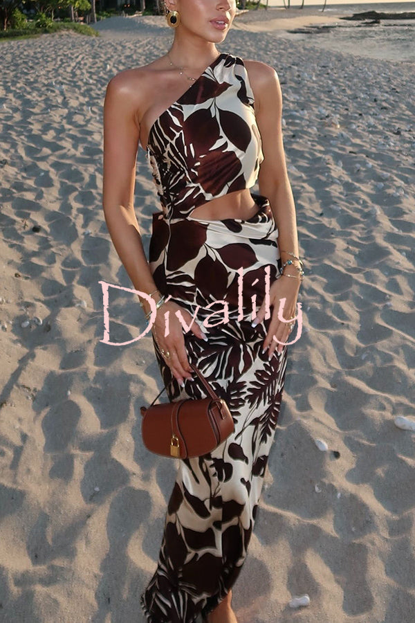 Malia Satin Printed One Shoulder Cutout Asymmetrical Slit Maxi Dress
