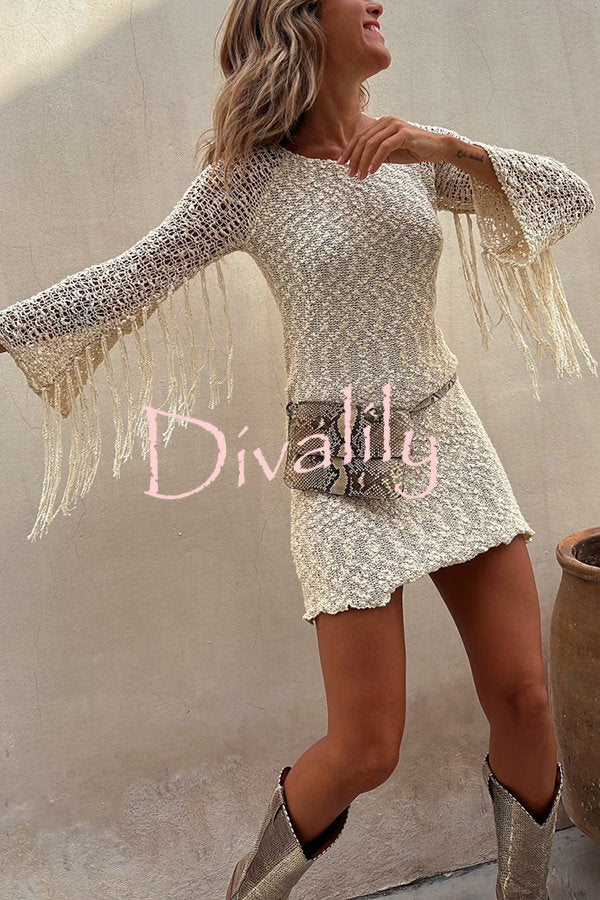 Ocean Romance knit Texture FabricHollow Out Tassel Sleeve Cover Up Mini Dress