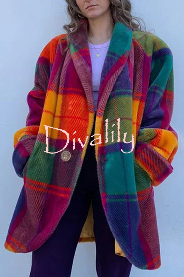 Show Stopping Plush Lined Lapel Color Blocked Long Sleeved Coat
