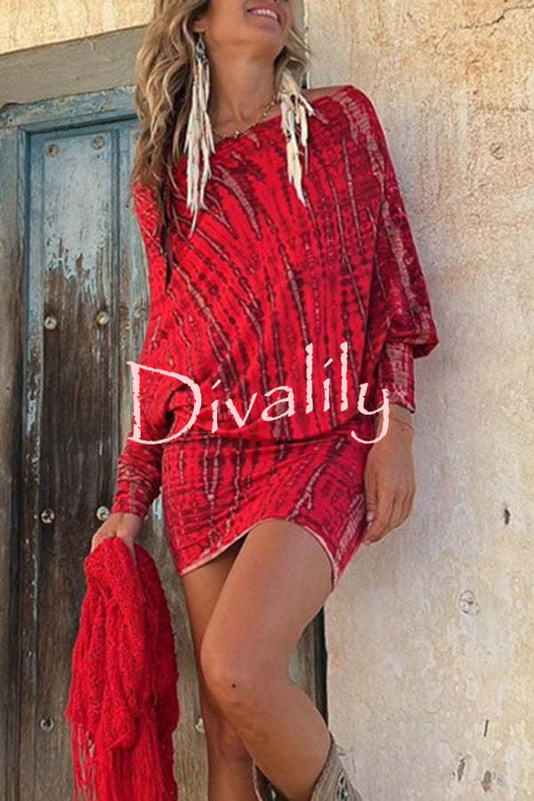 Coastal Bliss Tie-dye Print Dolman Sleeve Stretch Mini Dress