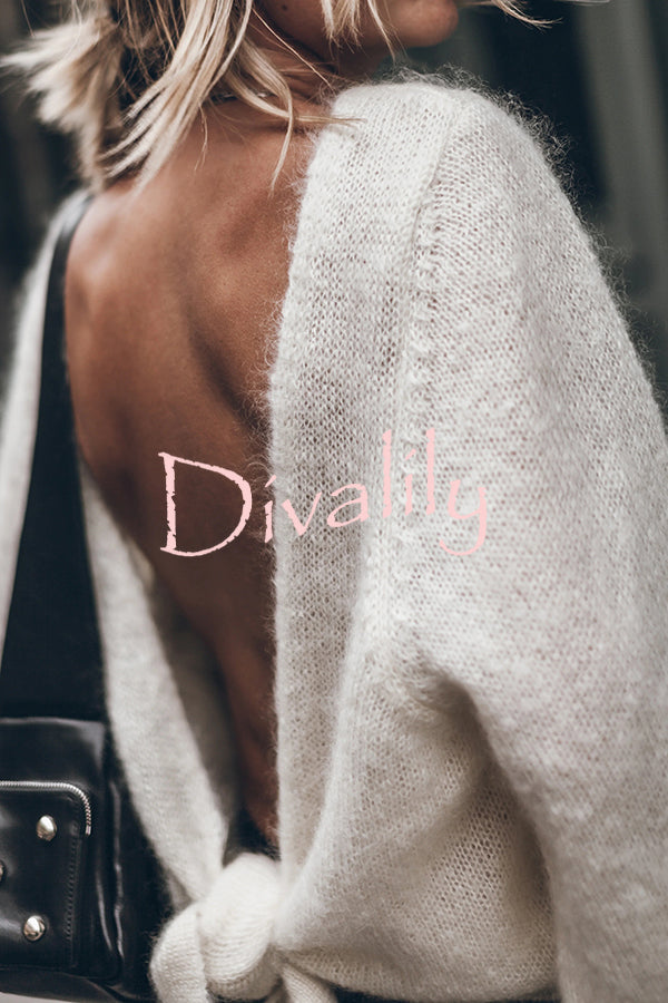 Chunky Season Knit Mohair-blend Long Sleeve Open Back Knot Design Loose Sweater