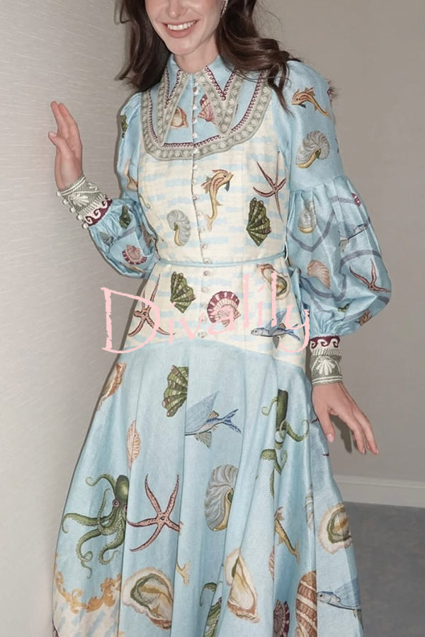 Ocean Print Lapel Button Waist Tie Resort Maxi Dress