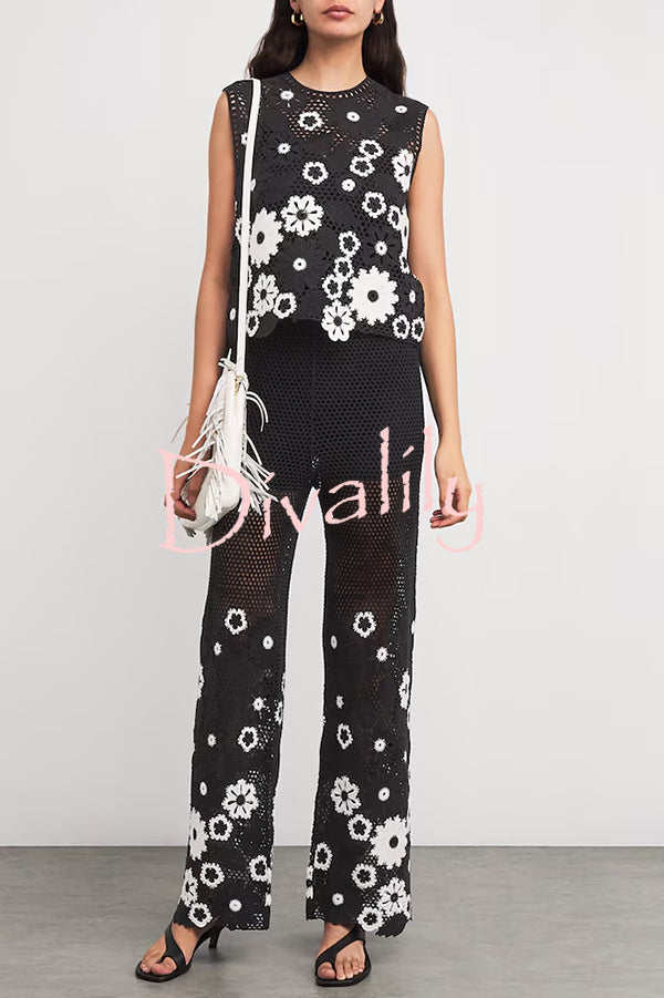 Fashionable Embroidered Hollow Crochet Sleeveless Round Neck Knitted Vest