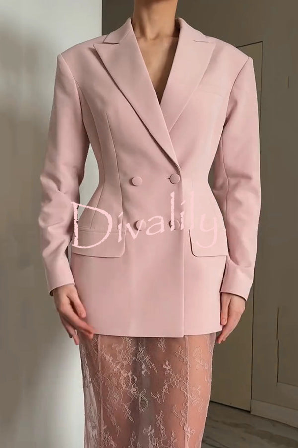 Solid Color Lapel Long Sleeve Waist Double-breasted Blazer