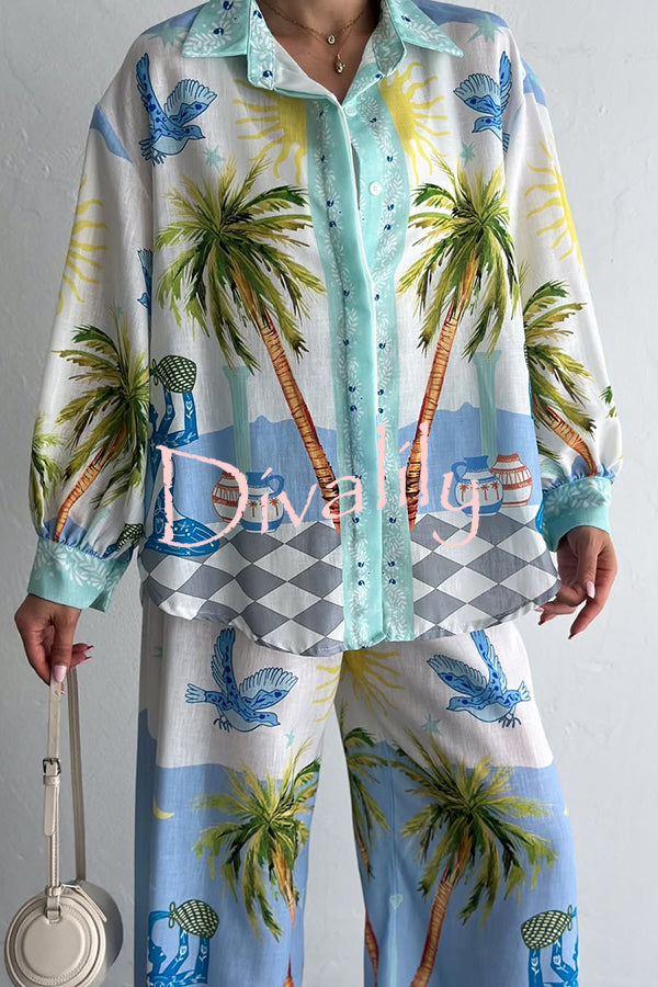 Holiday Style Print Loose Long Sleeve Shirt and Elastic Waist Loose Pocket Wide Leg Pants Set
