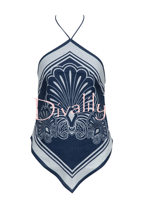 Jiya Linen Blend Unique Print Halter Scarf Tank and Elastic Waist Pocket Shorts Set