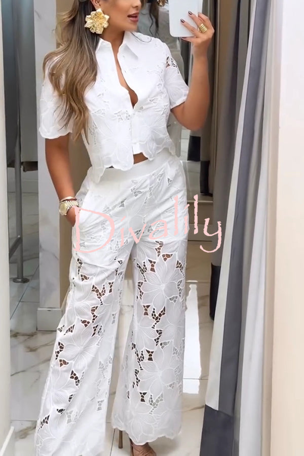 Solid Color Hollow Lace Lapel Short-sleeved Top and Elastic Waist Loose Pocket Pants Set