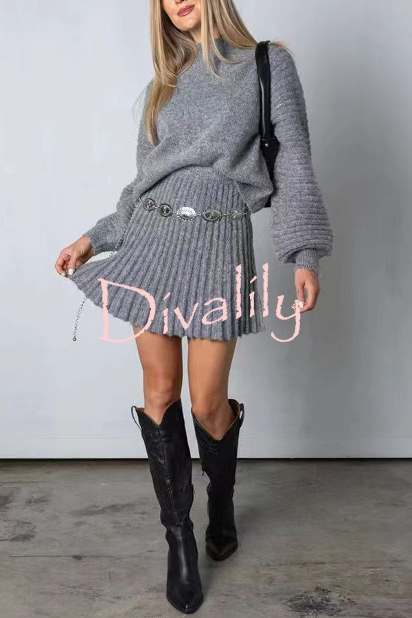 Solid Color Round Neck Puff Sleeve Loose Knit Sweater and Casual Striped Mini Skirt Set