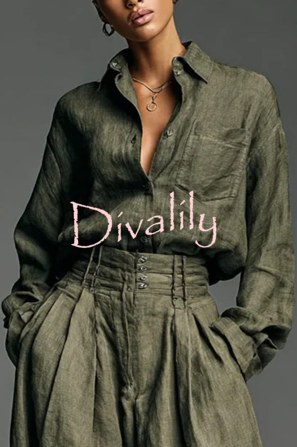 Linen Blend Lapel Long-sleeved Casual Shirt and High-waist Pocket Loose Wide-leg Pants Set