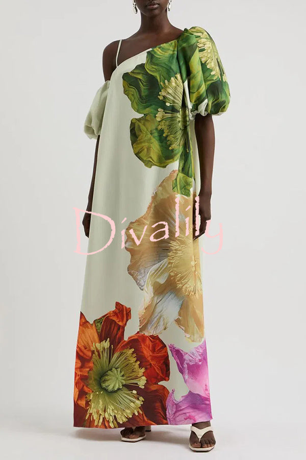 Floral Print Slant Collar Puff Sleeves Loose Holiday Maxi Dress
