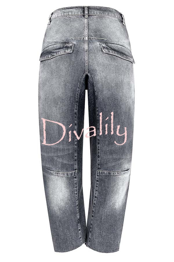 Casual Meetup Washed Denim Mid Rise Pocketed Barrel Jeans