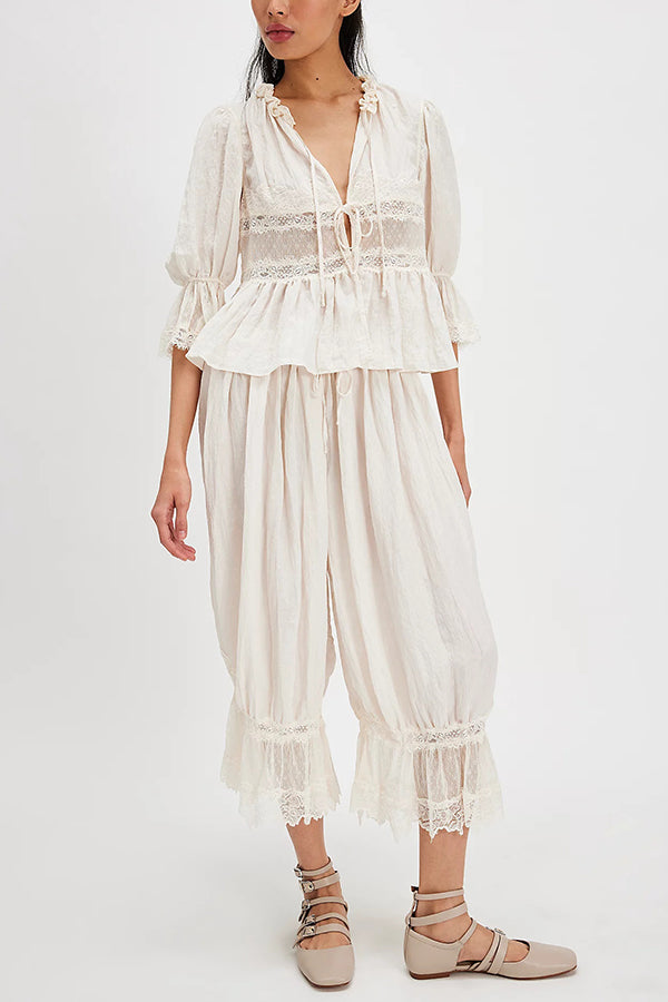 Pastoral Style Elastic Waist Lace Hem Bloomer Pants