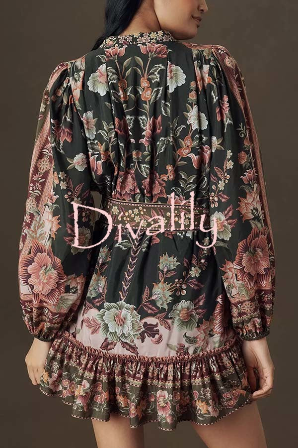 Brazilian Style Unique Floral Print Puff Sleeve Belted Pleated Hem Mini Dress