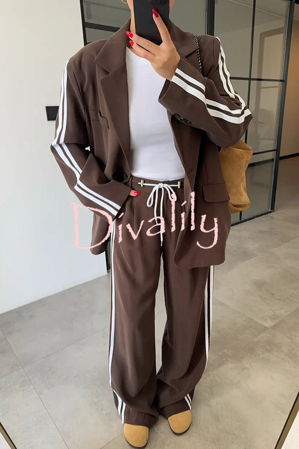 Levvie Striped Trim Long Sleeve Lapel Blazer and Rope Belt Pocketed Wide Leg Pants Set