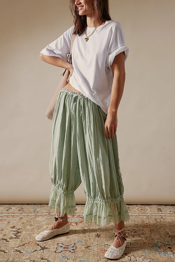 Pastoral Style Elastic Waist Lace Hem Bloomer Pants