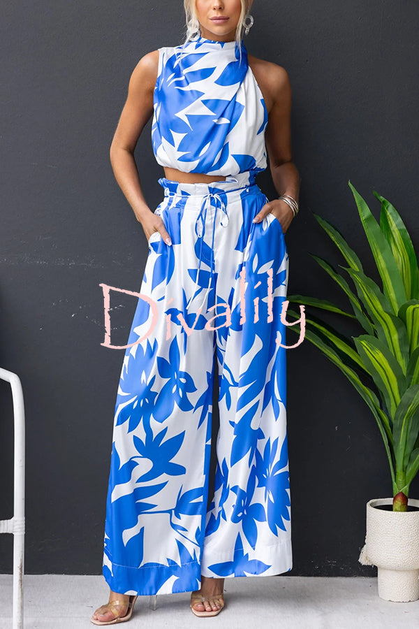 Girls Night Satin Printed High Neck Top and Elastic Tie-up Waist Pocket Wide Leg Pants Set