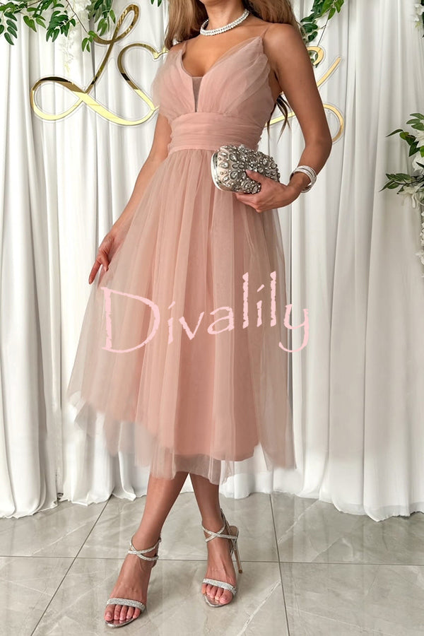 Stylish Luxury Tulle Ruched Waist Pleated Slip Formal Midi Dress