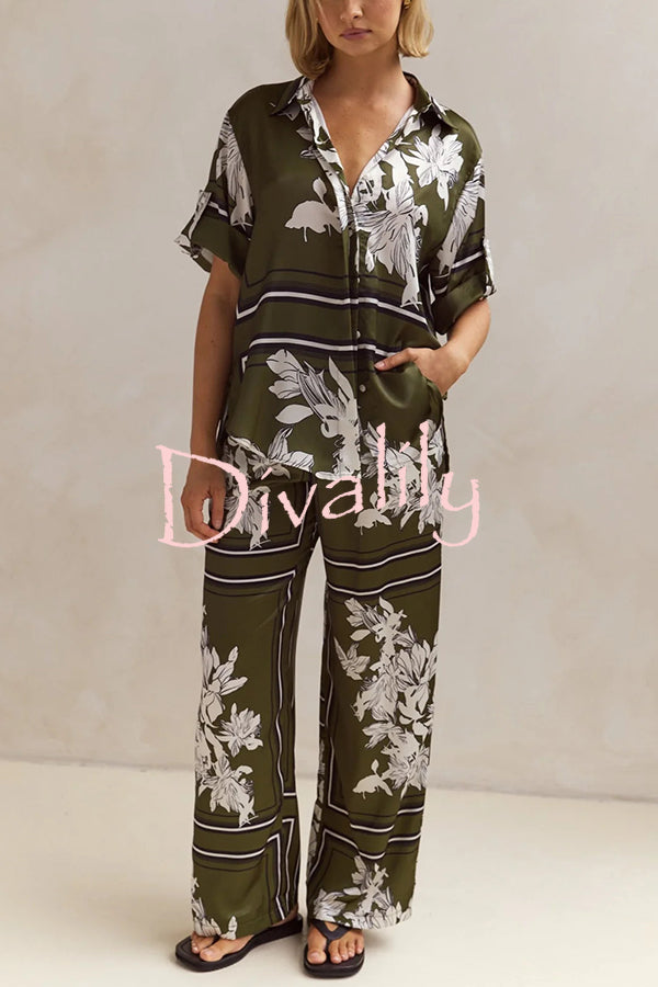 Fashionable Plant Print Loose Lapel Short Sleeve Shirt and Casual Elastic Waist Pocket Pants Set
