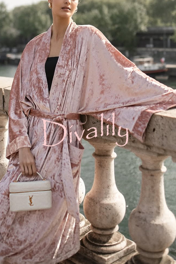 Gorgeous Glossy Velvet Long Bell Sleeve Tie-up Pocket Midi Kimono Coat