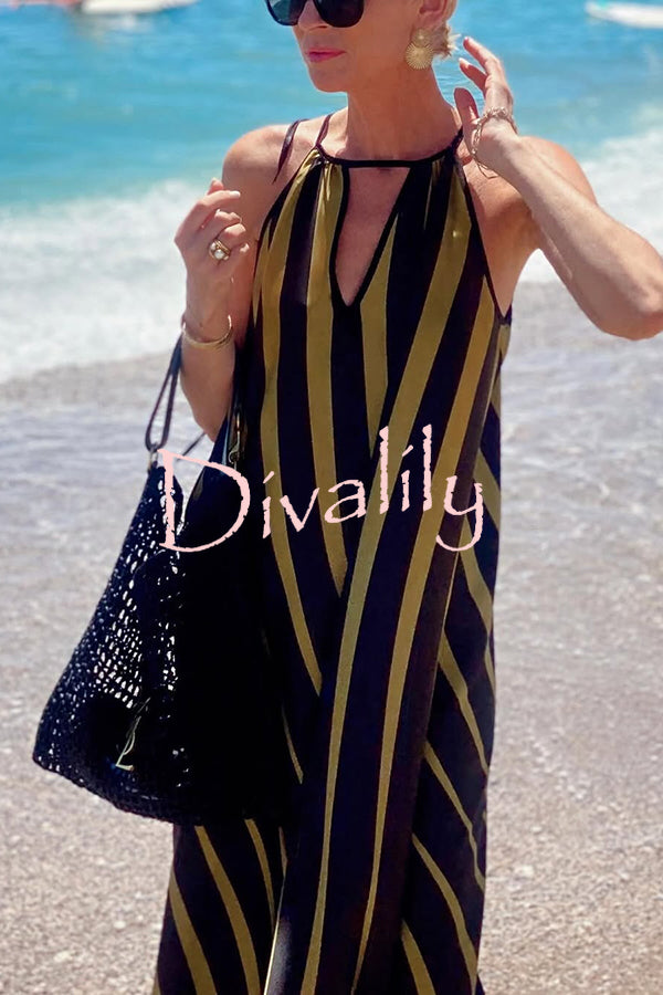 Striped Print V-Neck Loose Beach Vacation Maxi Dress