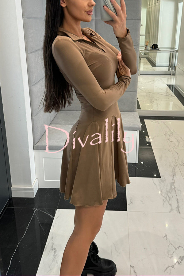 Solid Color Lapel Long Sleeve Slim Fit Waist Mini Dress