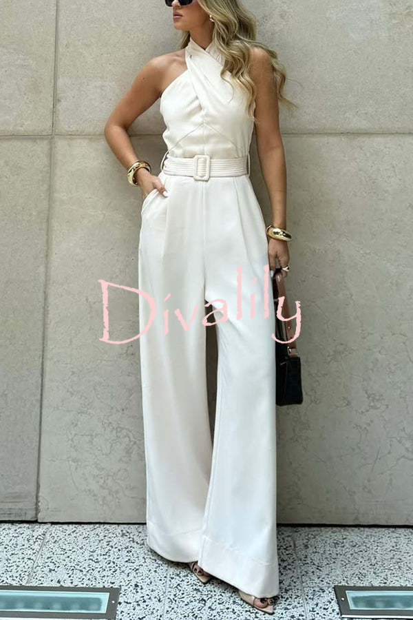 Solid Color Halterneck Sleeveless Waisted Casual Pocket Straight Jumpsuit