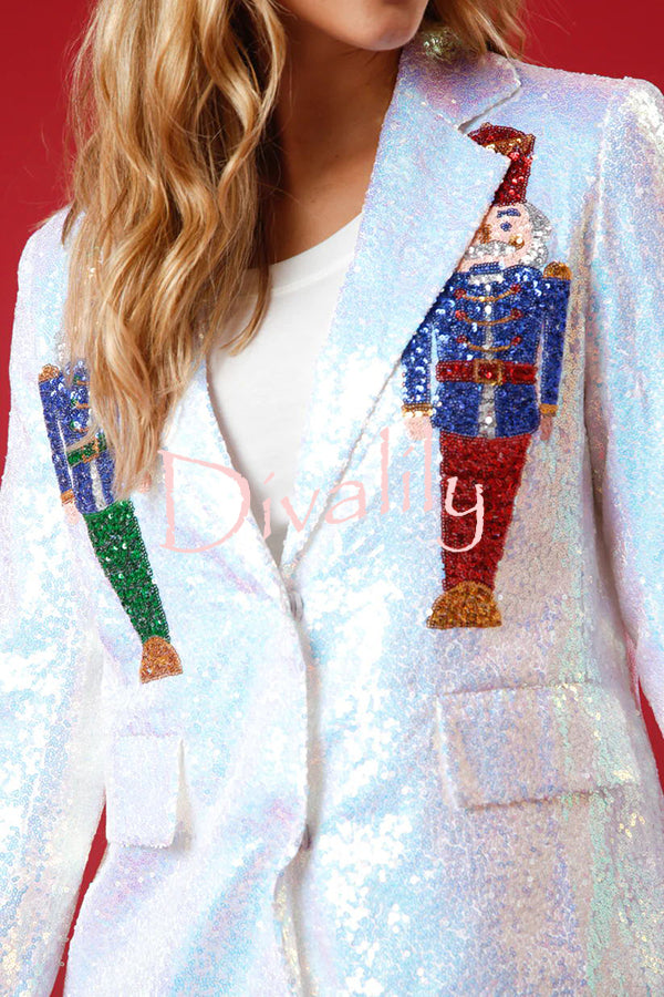 Make Your Christmas High Sequin Nutcracker Lapel Loose Blazer