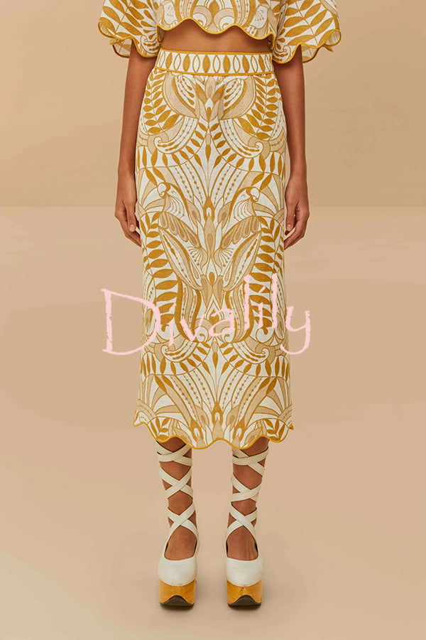 Korra Linen Blend Unique Print Wave Trim Bell Sleeve Top and Elastic Waist Pocket Midi Skirt Set