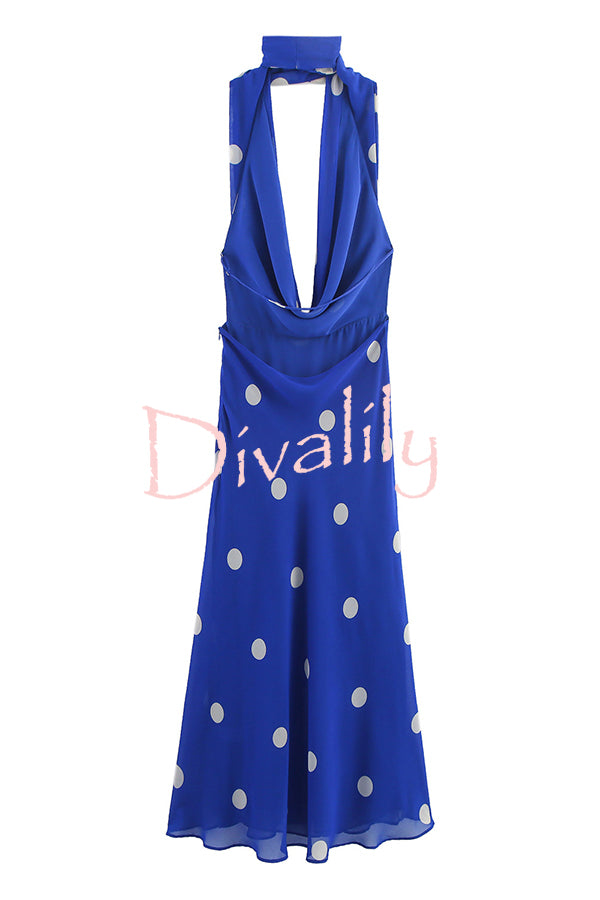 Fashion Polka Dot Print Sexy Halter Neck Backless Maxi Dress