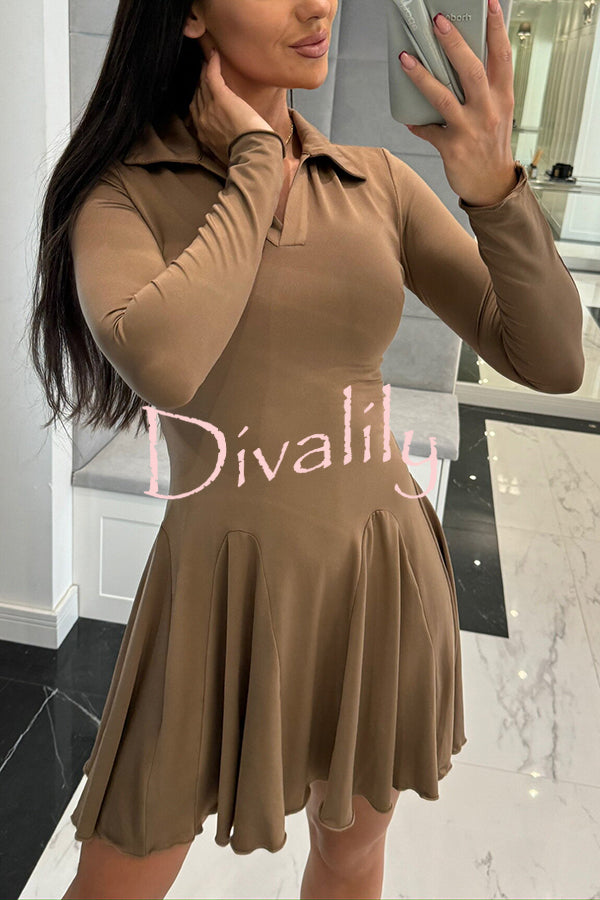 Solid Color Lapel Long Sleeve Slim Fit Waist Mini Dress