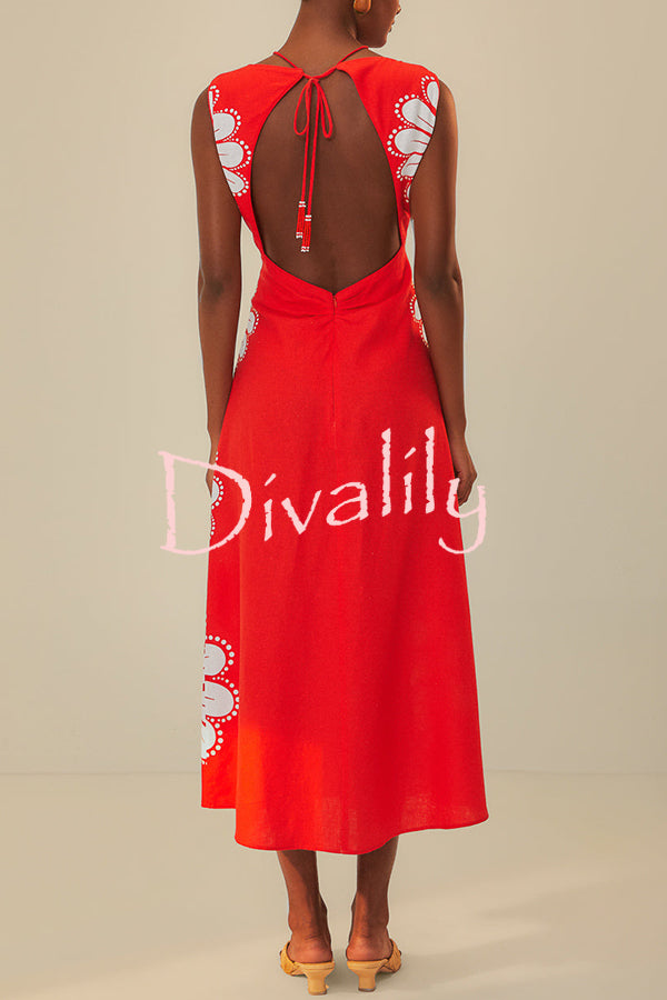 Summer Embrace Linen Blend Floral Print Drawstring Cutout Detail Midi Dress