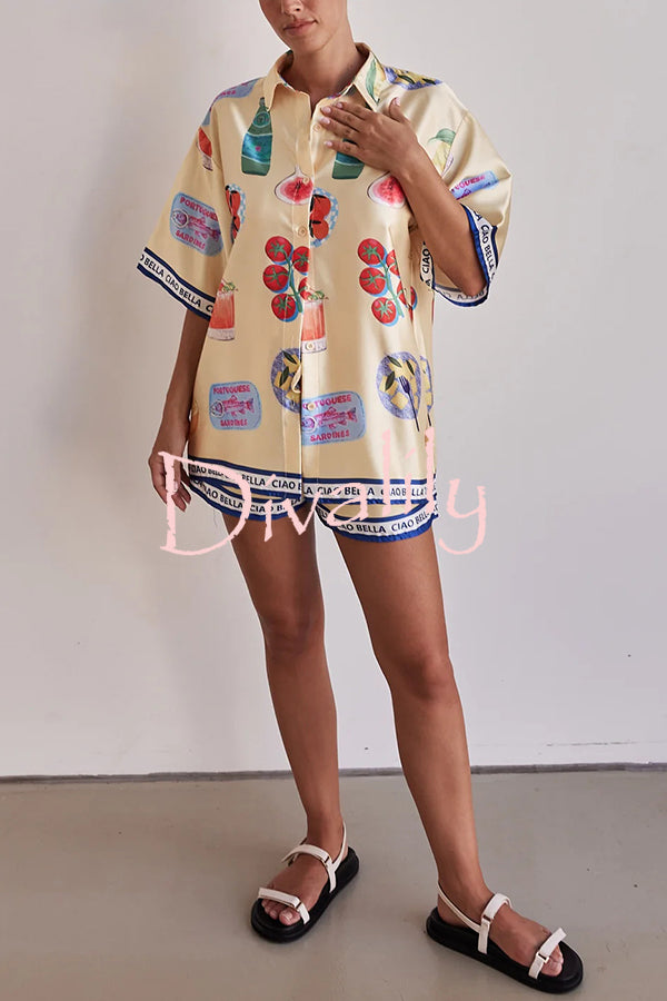 Satin Unique Print Lapel Short Sleeve Loose Shirt and Elastic Waist Drawstring Shorts Set