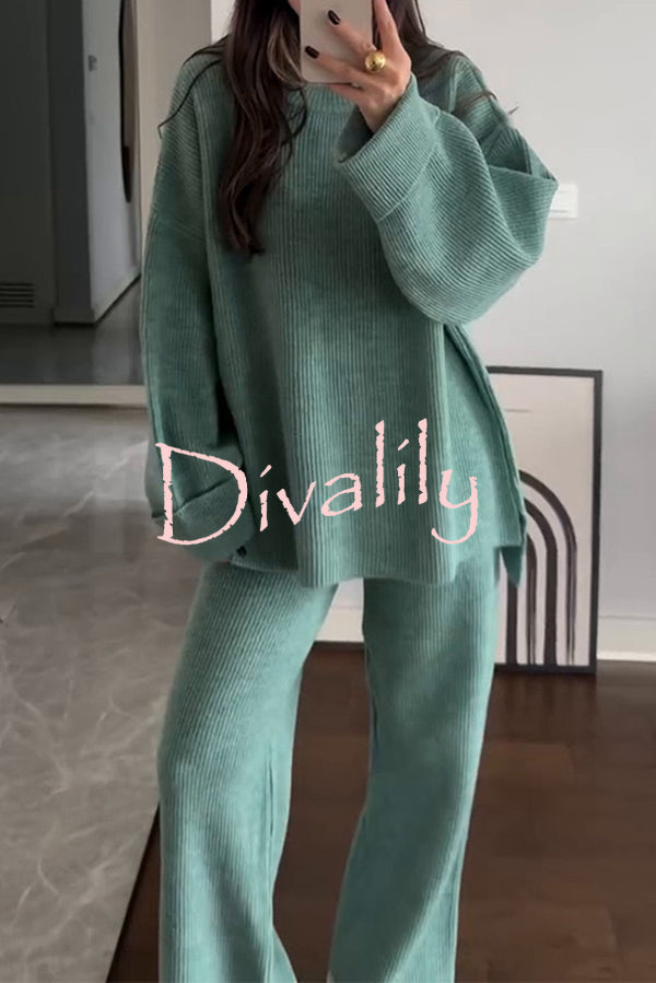 Solid Color Loose Long-sleeved Knit Top and Elastic Waist Casual Straight Leg Pants Set