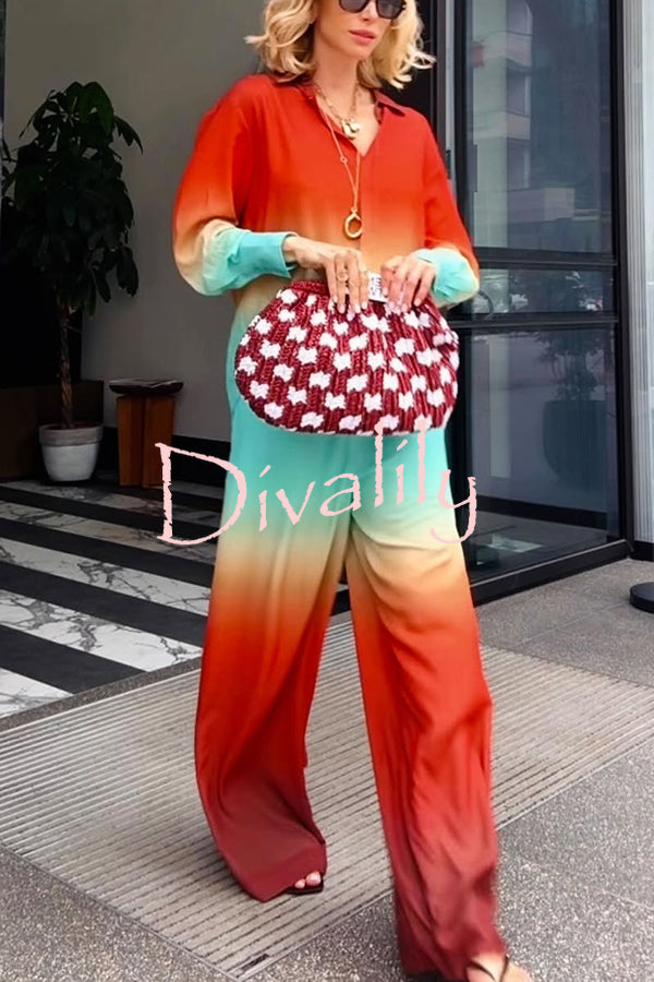 Neon Sunset Gradient Print Long Sleeve High Low Hem Blouse and Elastic Waist Loose Pants Set