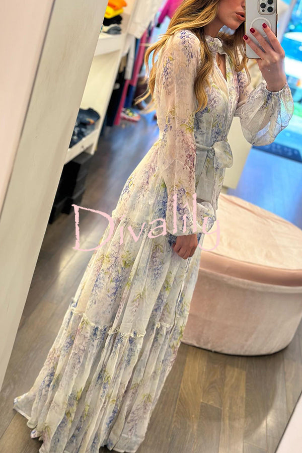 Romantic Provence Lavender Print Button Belt Tiered Shirt Maxi Dress